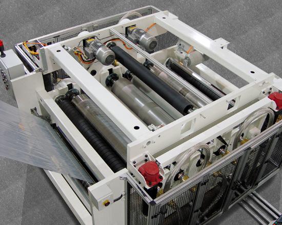 The slitting and stretching unit creates multiple lanes of film with precisely controlled stretch